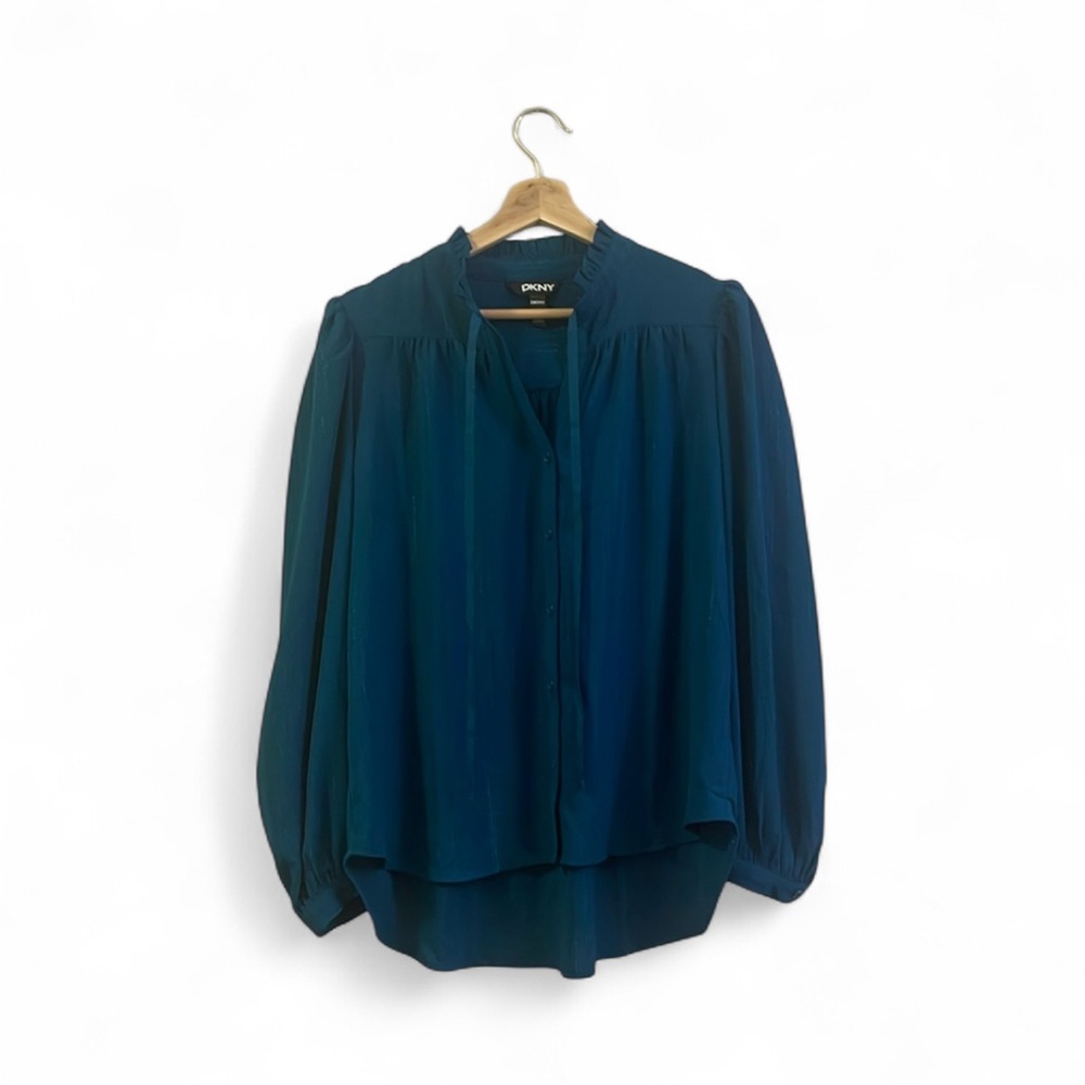 DKNY Teal Feminine Chic Button-Up Blouse w/ Ribbons 🌊✨